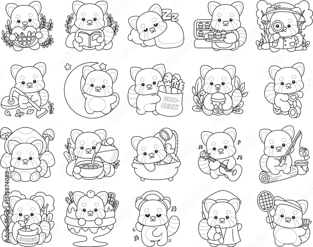 Coloring pages of Icon of funny red panda sticker elements. Coloring pages of Icon of funny red panda sticker elements.