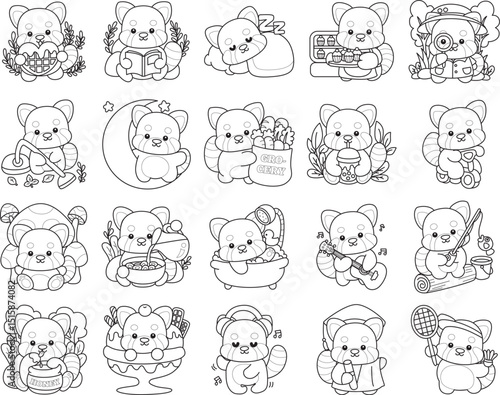 Coloring pages of Icon of funny red panda sticker elements.