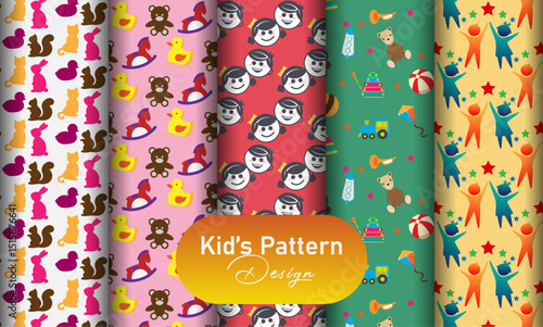 Seamless playful & colourful kids pattern design template.
