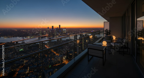 Luxury Apartment Balcony View At Dusk Overlooking The City Skyline With Waterway