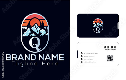 Abstract emblem with fish, sushi, and hill design elements, Q logo design
