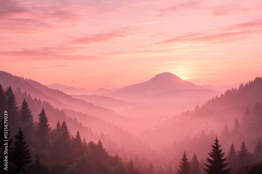 Obraz premium Beautiful pink sunrise over mountain range with misty pine forest, natural landscape scenery, tranquil morning light, travel nature inspiration, peaceful wilderness