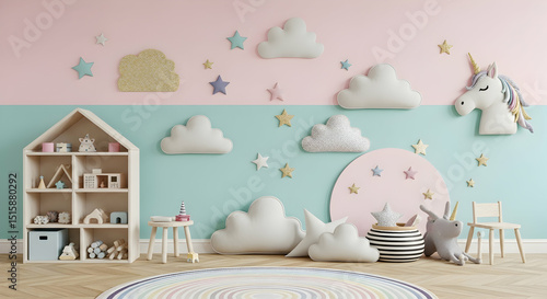 Whimsical Nursery Decor Featuring Pastel Clouds and Unicorn Wall Art