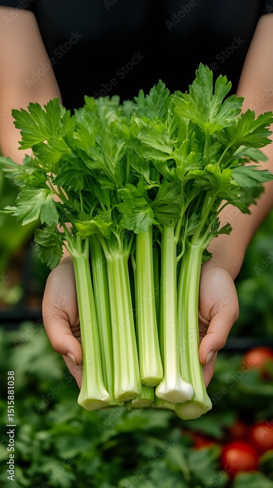 Fototapeta premium Fresh Green Celery Stalks Held in Hands at Farmers Market Healthy Organic Produce