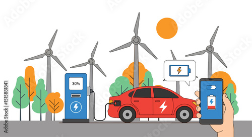 Adobe Illustrator Artwork Modern flat vector illustration depicting an electric car charging with a smartphone showing battery status, powered by wind turbines and sun. Highlights smart, green energy