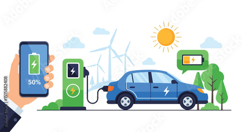 Adobe Illustrator Artwork Modern flat vector illustration depicting an electric car charging with a smartphone showing battery status, powered by wind turbines and sun. Highlights smart, green energy