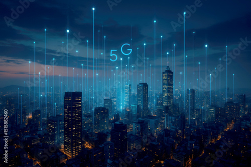 Futuristic 5g network cityscape night view