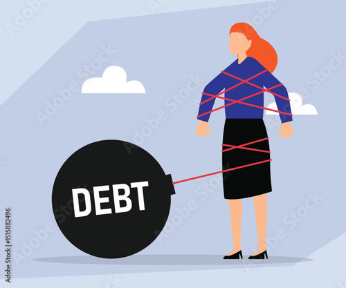 Woman Tied to Debt Ball - Financial Burden Concept