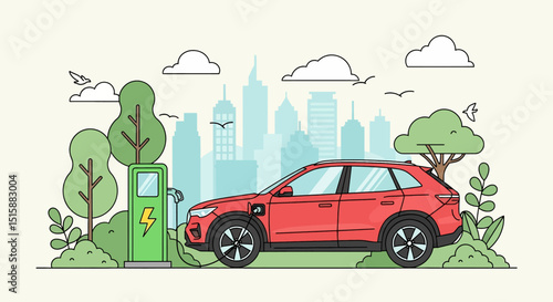 Modern flat vector illustration of an electric car charging at a station amidst a green city landscape. Emphasizes eco-friendly transportation and sustainable urban living