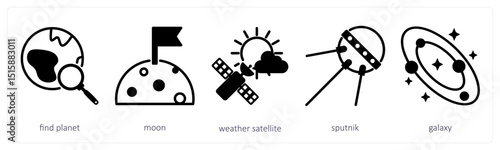 A set of 5 space icons as find planet, moon, weather satellite