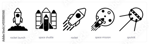 A set of 5 space icons as rocket launch, space shuttle, rocket