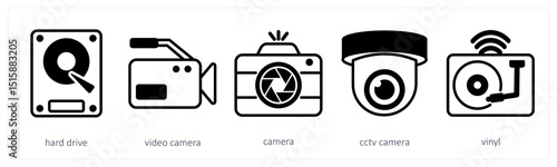 A set of 5 device icons as hard drive, video camera, camera
