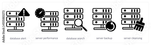 A set of 5 device icons as database alert, server performance, database search