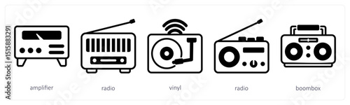 A set of 5 device icons as amplifier, radio, vinyl
