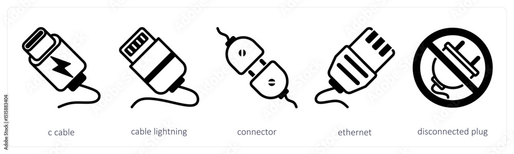 A set of 5 device icons as c cable, cable lightning, connector A set of 5 device icons as c cable, cable lightning, connector
