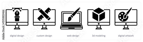 A set of 5 design icons as digital design, custom design, web design
