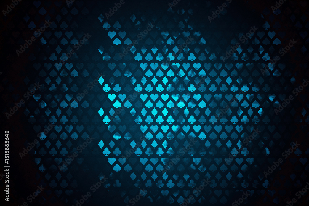 Obraz premium Abstract dark blue background with glowing poker card suit symbols in geometric pattern on modern empty backdrop. 3D Rendering. 3D Rendering