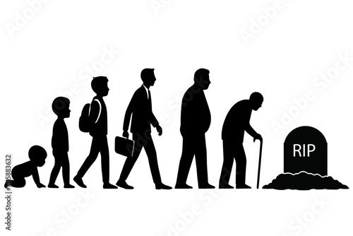 A conceptual vector silhouette illustration showing the human life cycle from infancy to death, ending at a grave with RIP. Symbolizing the journey of life, aging, time, and mortality