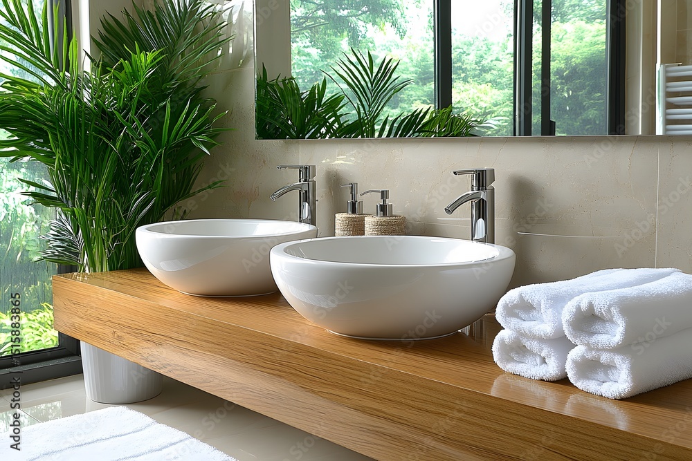 Fototapeta premium Modern Bathroom Design with Dual Vessel Sinks and Natural Greenery