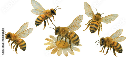 Vector freehand watercolor clipart of a flying Bees with golden elements. Hand drawn watercolour Beekeeper. Set honeybee for card design, packaging, fabric