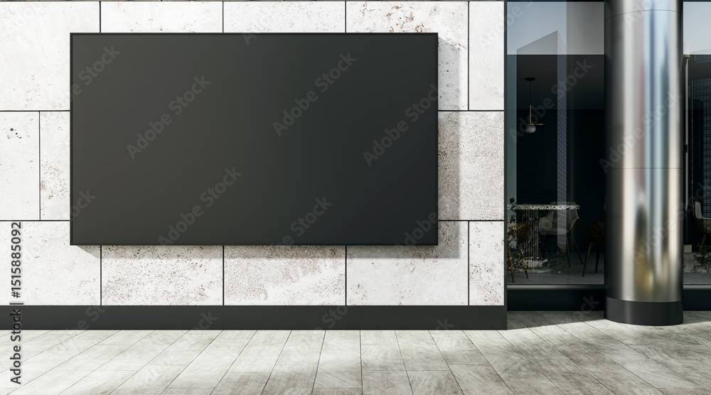 Horizontal black blank billboard display on stone wall background at retail store entrance for business advertising promotion presentation concept. 3D Rendering Horizontal black blank billboard display on stone wall background at retail store entrance for business advertising promotion presentation concept. 3D Rendering