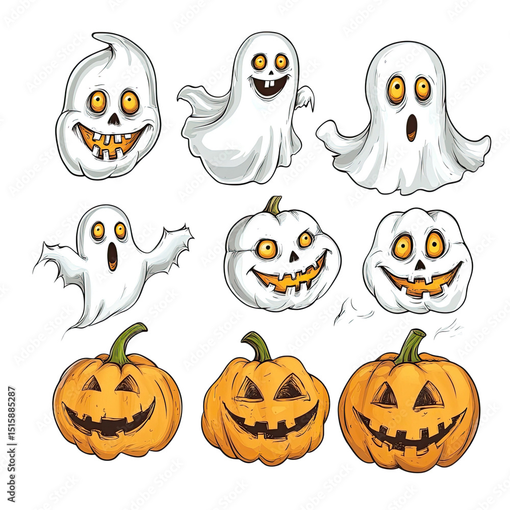 Halloween Fun Cute Ghosts Pumpkins Vector Design on Black. Halloween Fun Cute Ghosts Pumpkins Vector Design on Black.