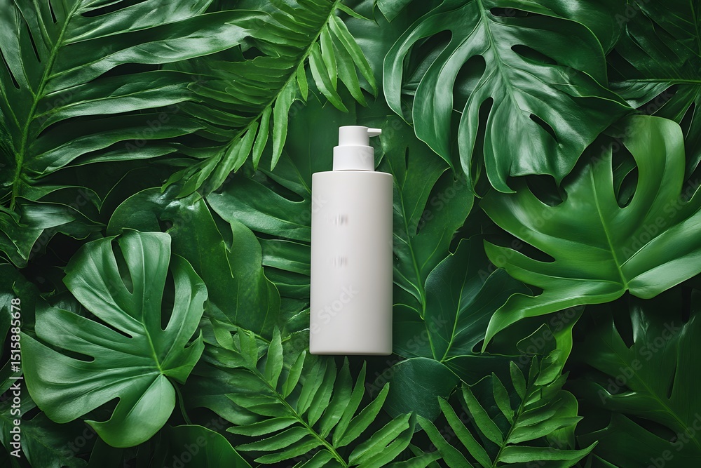 Natural Skincare Concept with White Bottle on Tropical Leaf Background Natural Skincare Concept with White Bottle on Tropical Leaf Background