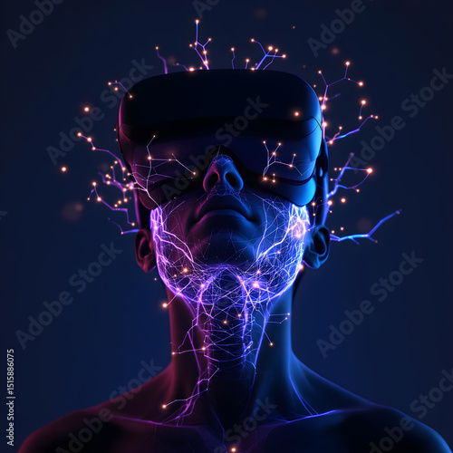 Person wearing vr headset immersed in virtual reality, vr experience, glowing elements, dark background