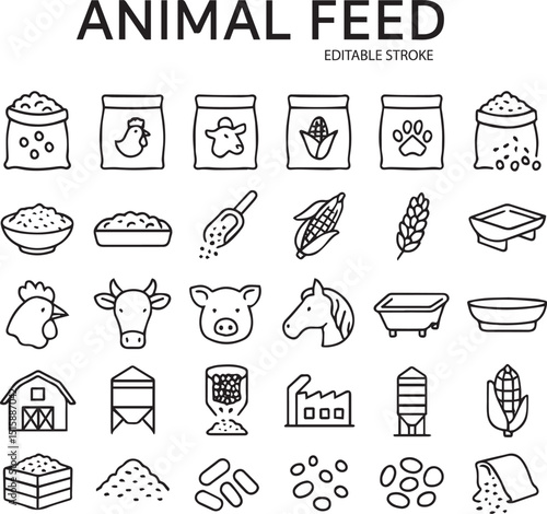 Set of 30 line icons related to animal feed, farmyard, feed production, corn, pellet, seeds, bulk, fodder, Editable stroke. Vector illustration
