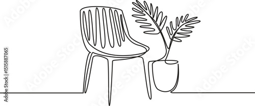 Chair with home plant in continuous one line drawing. Modern room and home furniture in simple Linear style. Editable stroke. Vector Illustration.