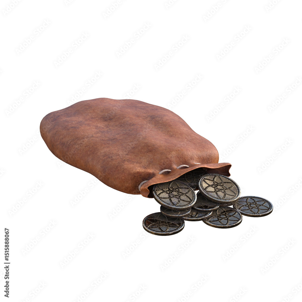 Fotografie Leather Pouch Overflowing with Ancient Coins