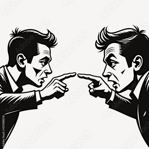 Two men arguing with intense expressions against plain background, conflict resolution