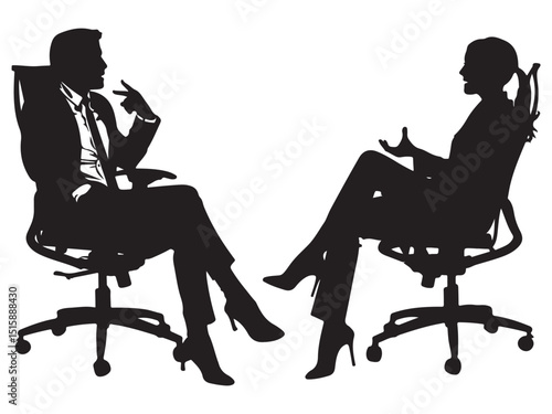 Business Meeting Silhouette Man and Woman Discussing Ideas While Seated in Office Chairs Isolated on White Background silhouette