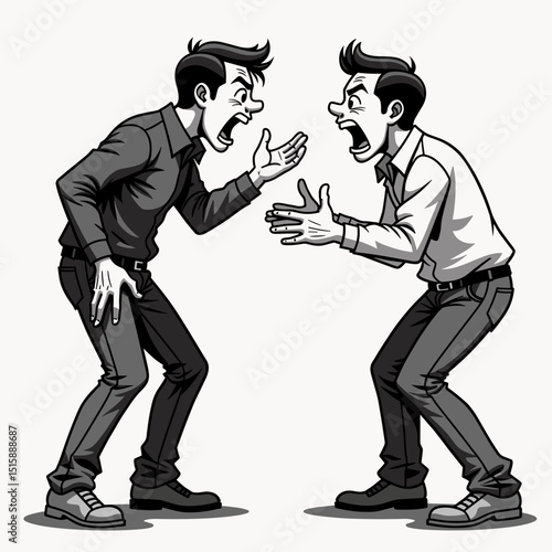 Two men passionately arguing in black and white illustration, conflict