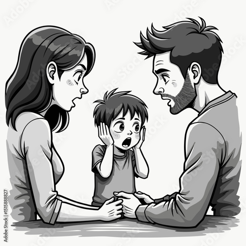 Concerned parents discussing serious issue with shocked child, family dynamics