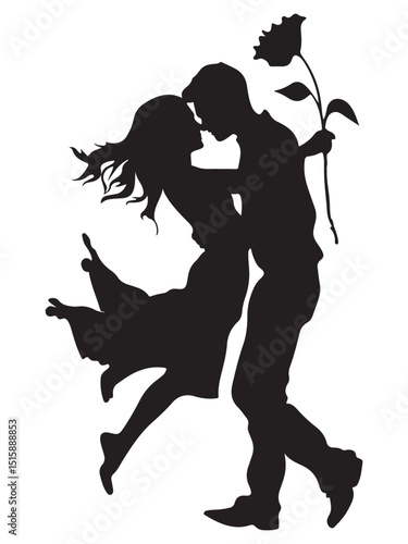 Romantic Young Couple Embracing with Flowers in Silhouette Style on a White Background