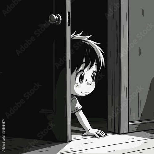 Curious child peeking through darkened door, whimsical discovery
