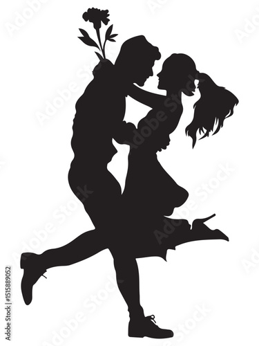 Romantic Young Couple Embracing with Flowers in Silhouette Style on a White Background