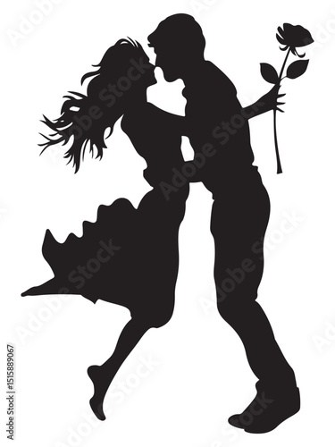 Romantic Young Couple Embracing with Flowers in Silhouette Style on a White Background