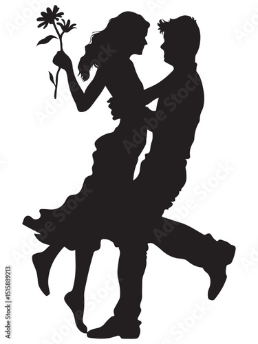 Romantic Young Couple Embracing with Flowers in Silhouette Style on a White Background