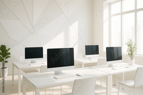 Wallpaper Mural Modern white office workspace with computers Torontodigital.ca