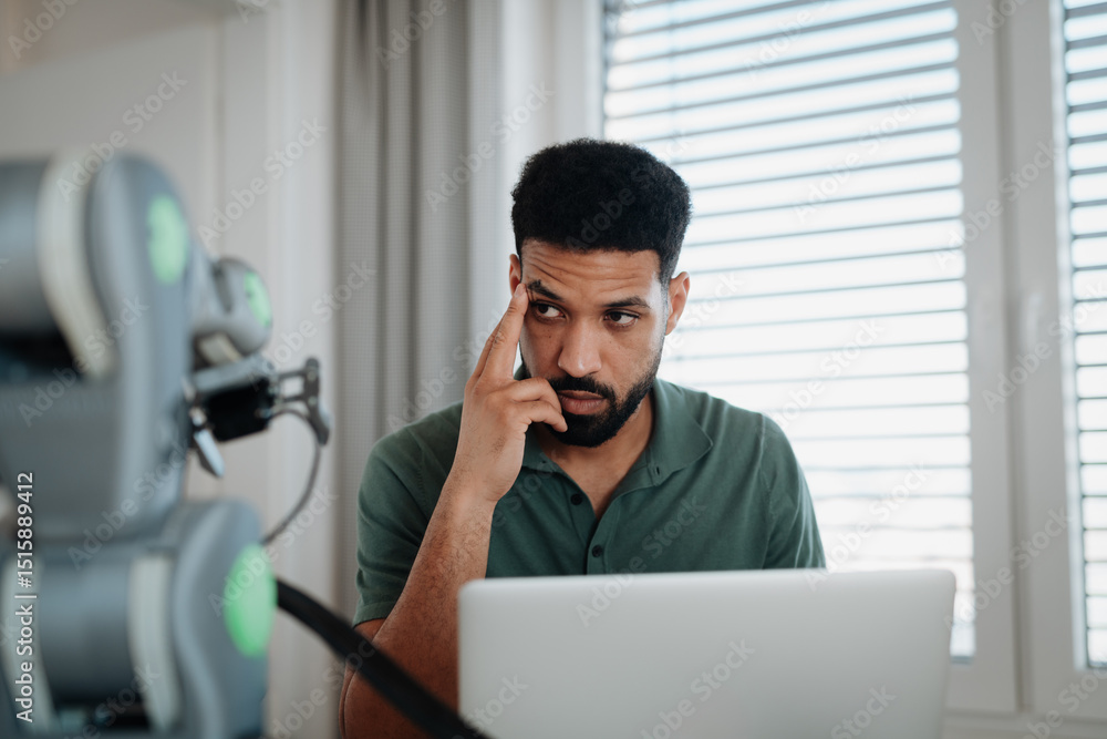 Engineer struggling with a technical problem while building robotic arm. Engineer struggling with a technical problem while building robotic arm.