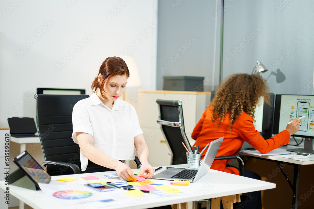 womanman people meeting in office. Employee brainstorm and work as team, plan and discuss project by point on paper and tablet. . womanman people meeting in office. Employee brainstorm and work as team, plan and discuss project by point on paper and tablet. .