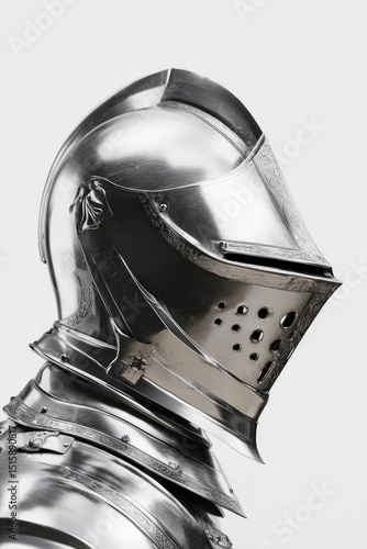 Polished steel medieval knight's helmet, detailed profile view