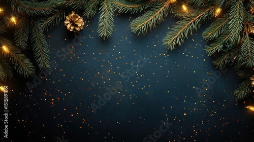 Festive christmas border with greenery and lights.