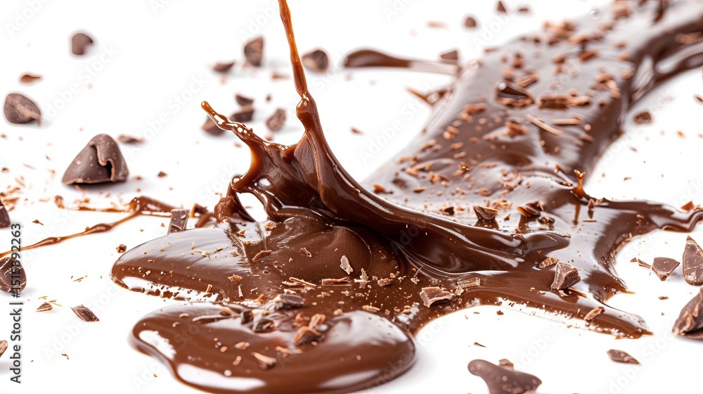 Fototapeta premium Delicious Melted Chocolate Splash with Chocolate Chips Gourmet Dessert Image
