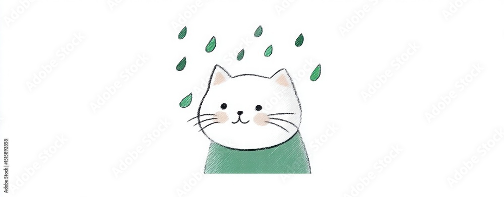 Cute Cat Design with Raindrops and Soft Green Accents Cute Cat Design with Raindrops and Soft Green Accents