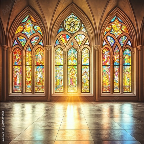 Stained glass windows in a grand hall  bathed in sunlight