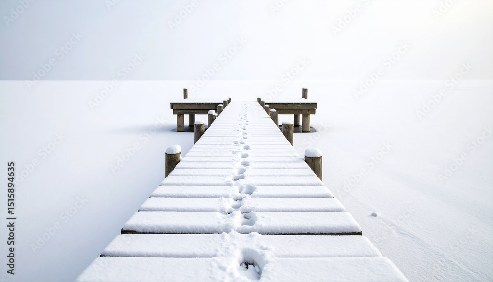 Obraz premium There is a pile of white snow on the bridge leading to the dock. A landscape of winter snow.