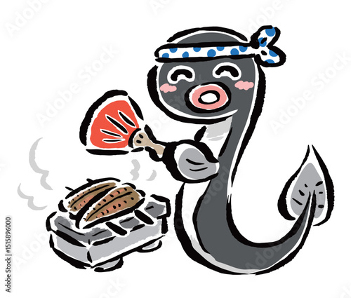 蒲焼きを作る鰻のゆるキャラ